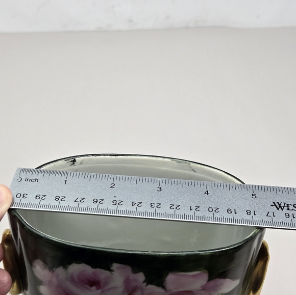 Antique Limoges 1919 Pink Roses Green Background Cachepot Gold Accents Vase - Picture 12 of 14